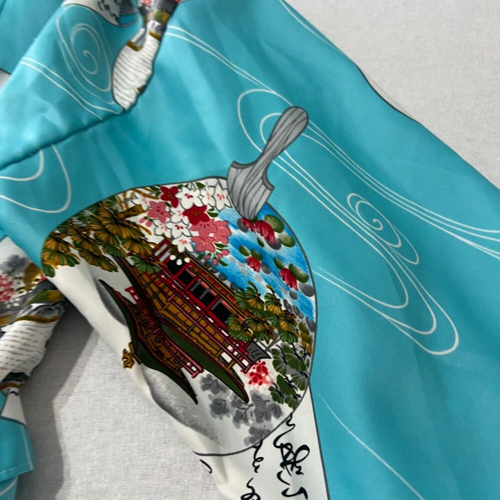Vintage Japanese Style Kimono Robe Turquoise Fan Garden Print Belted One Size - Picture 8 of 12